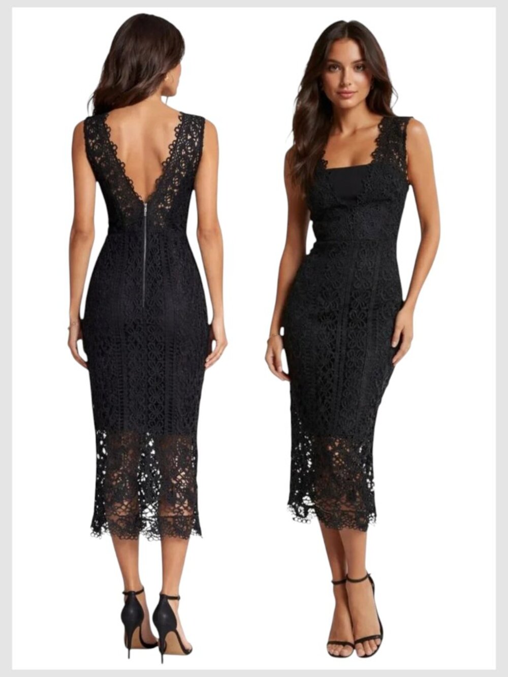 Aqua Lace Midi Dress Black Sheath Sleeveless V Back S